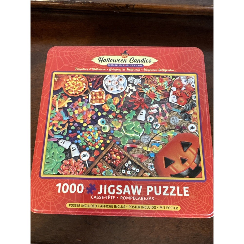 Eurographics Jigsaw Puzzle 1000 Pieces Halloween Candies w/Poster & Tin Pumpkin